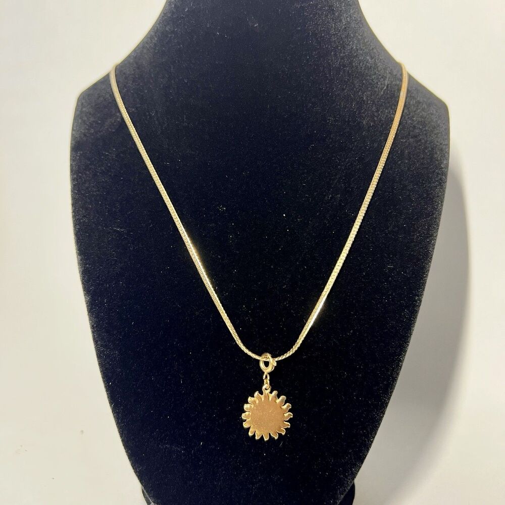Vtg Gold Tone Flat Omega Herringbone Chain Necklace Celestial Sun Pendant 24"